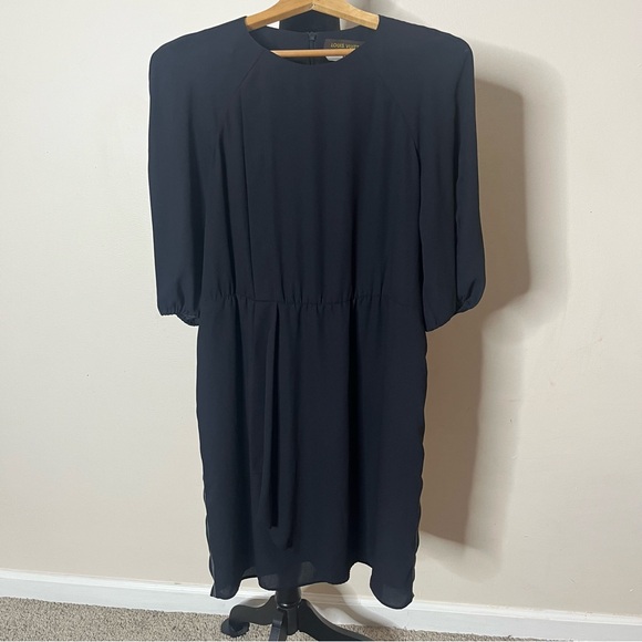 Louis Vuitton Women’s Navy Blue Faux Wrap Puff Sleeve Uniform Midi Dress Sz 42 - Picture 13 of 16